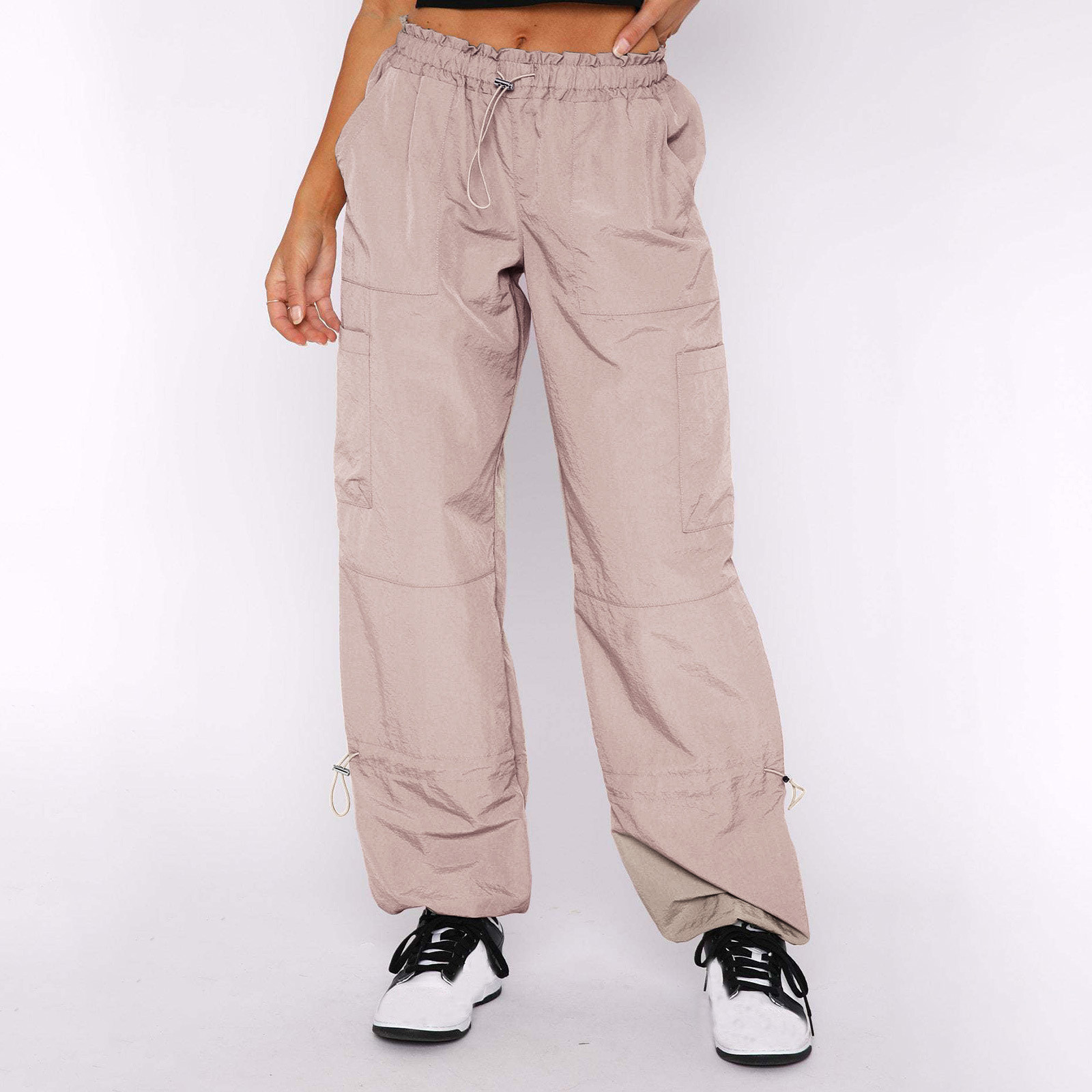 Parachute Pants for Women Elastic Waisted Baggy Fit Cargo Pants Wide Leg Loose Fit Trouser with Pockets Streetwear Pants